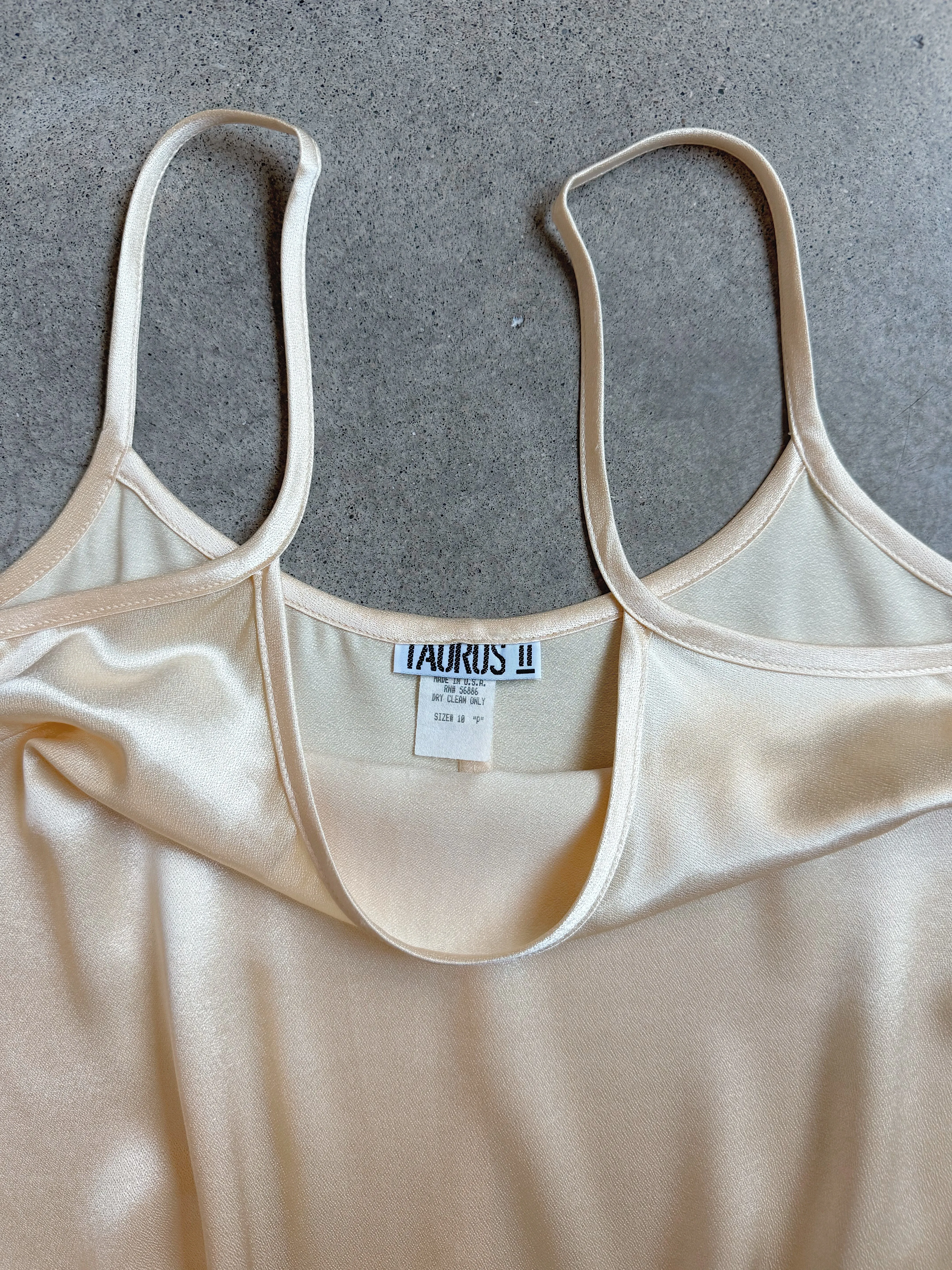 90s Vintage Taurus II Champagne Satin Slip Dress (M)