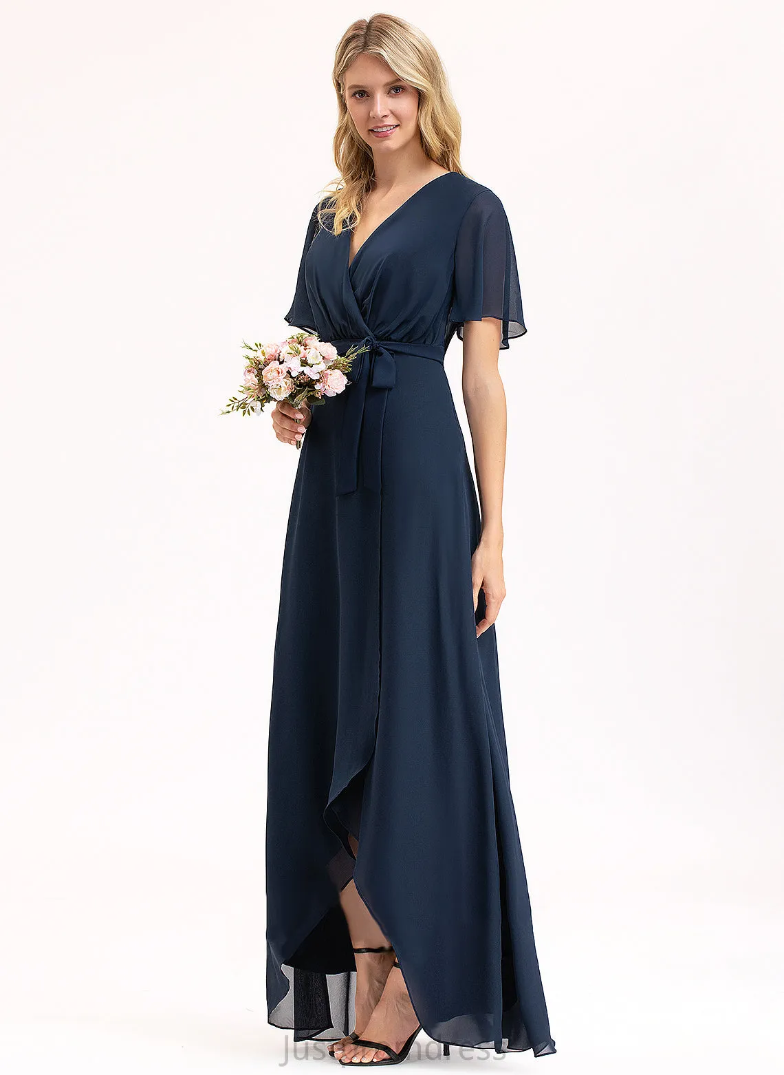 A-Line Chiffon Prom Dresses With V-neck Mckinley Bow(s) Asymmetrical