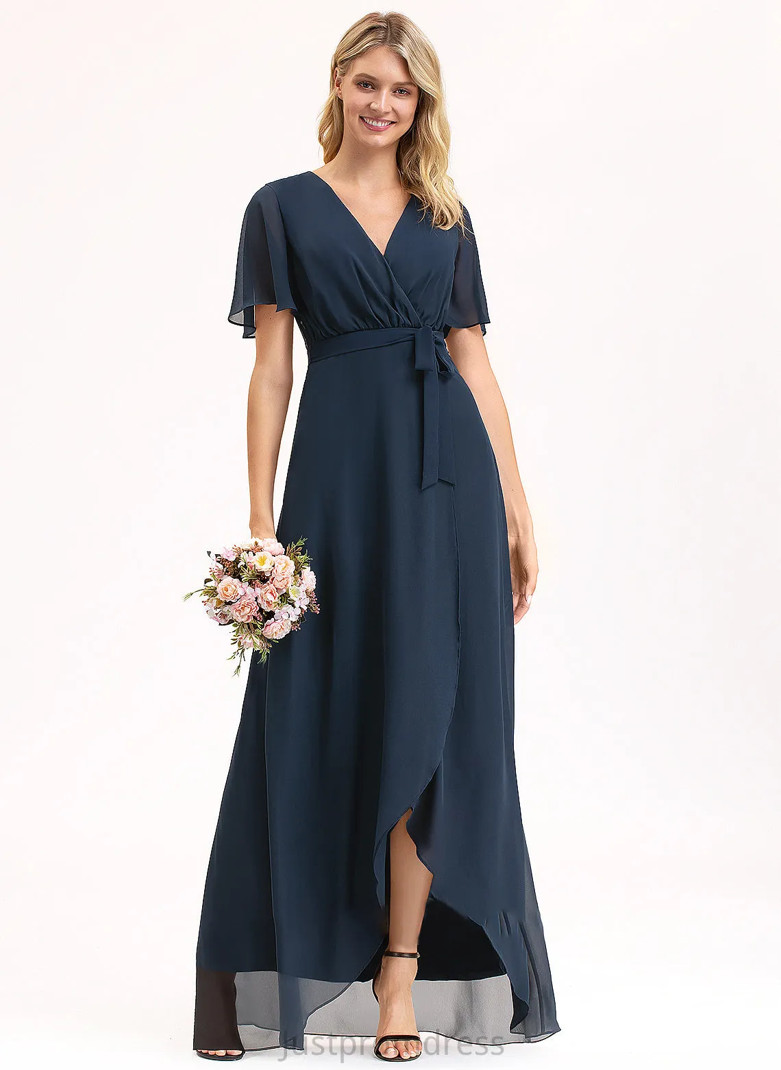 A-Line Chiffon Prom Dresses With V-neck Mckinley Bow(s) Asymmetrical