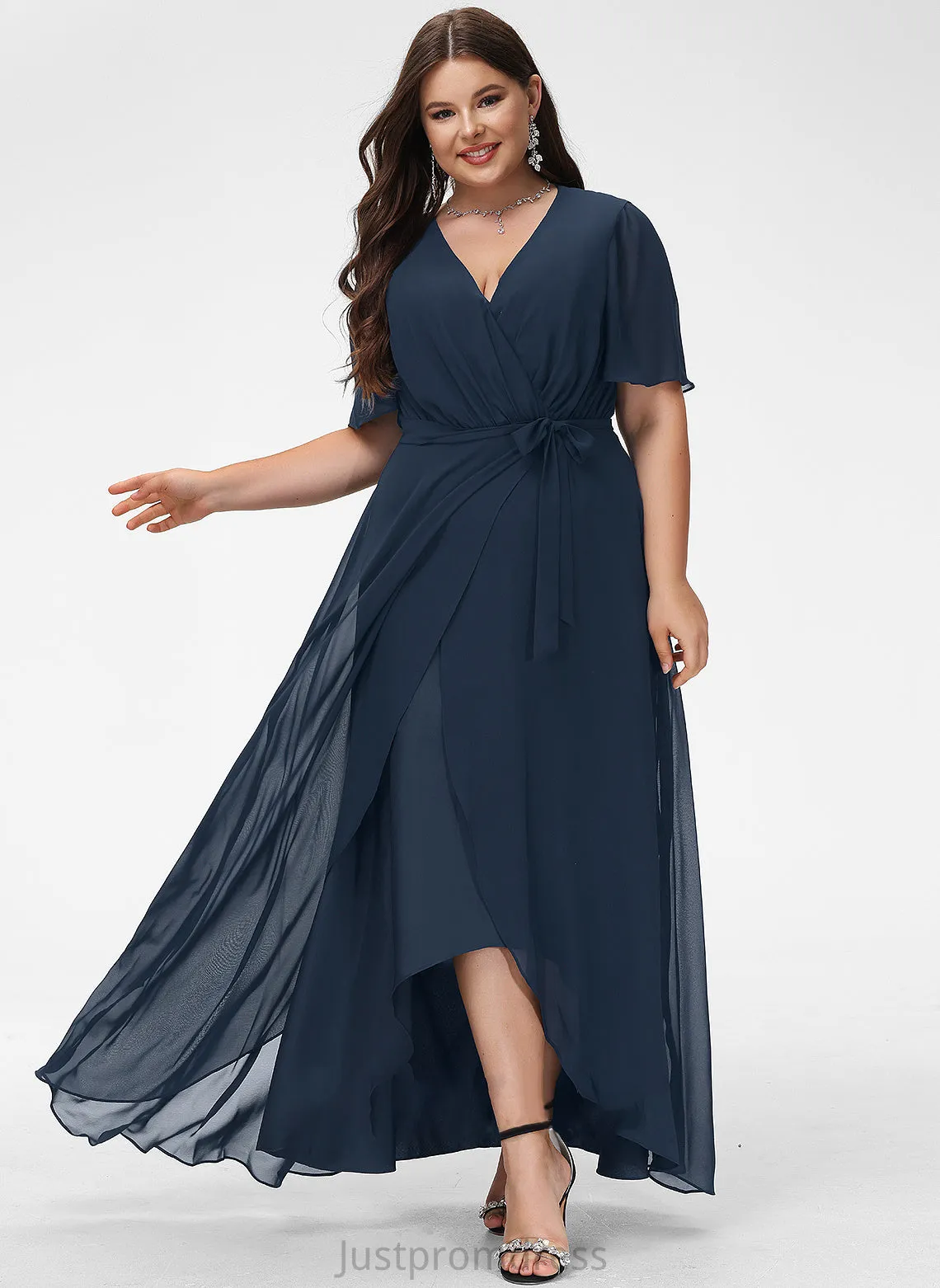 A-Line Chiffon Prom Dresses With V-neck Mckinley Bow(s) Asymmetrical