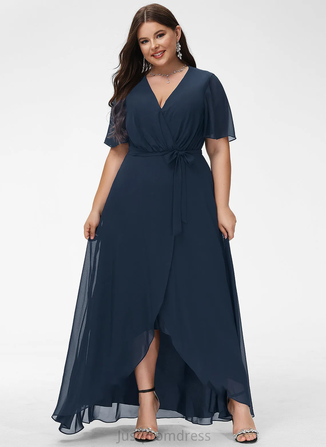 A-Line Chiffon Prom Dresses With V-neck Mckinley Bow(s) Asymmetrical