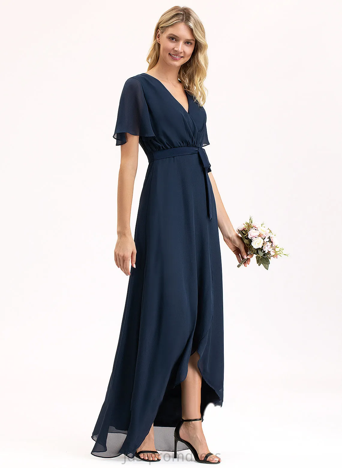 A-Line Chiffon Prom Dresses With V-neck Mckinley Bow(s) Asymmetrical