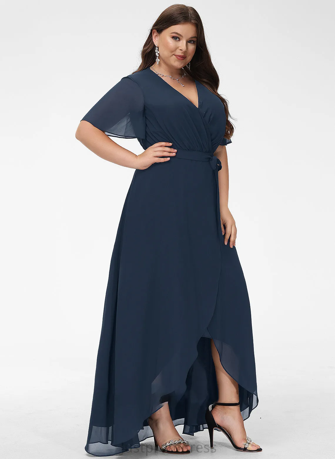 A-Line Chiffon Prom Dresses With V-neck Mckinley Bow(s) Asymmetrical