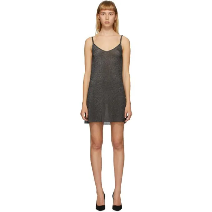 Alanui Black Sheer Glitter Slip Dress
