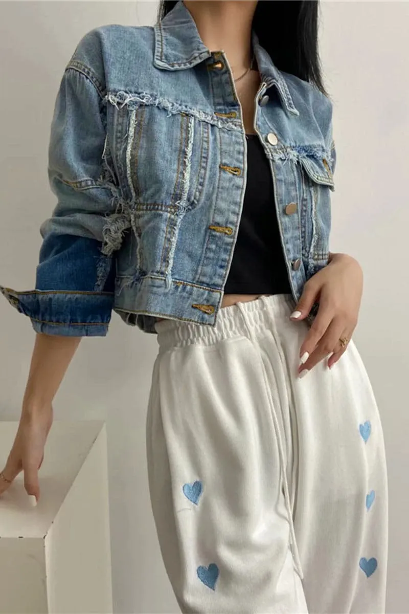 CA652 Retro Raw Stitching Denim Crop Jacket