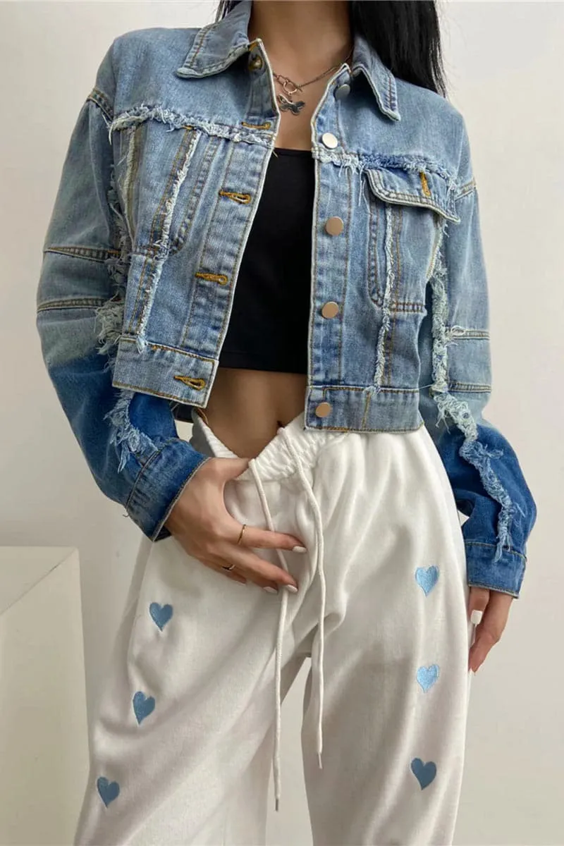 CA652 Retro Raw Stitching Denim Crop Jacket