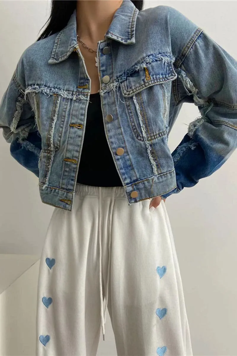 CA652 Retro Raw Stitching Denim Crop Jacket
