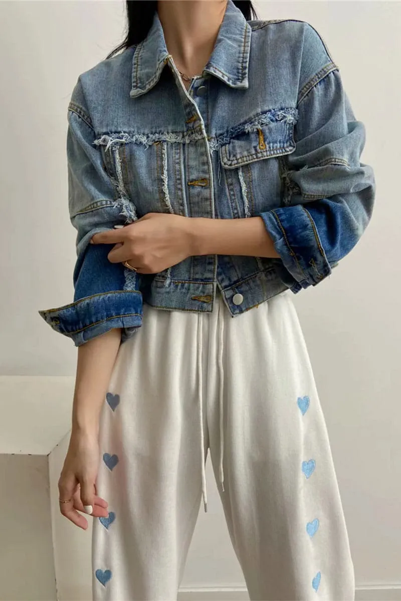 CA652 Retro Raw Stitching Denim Crop Jacket