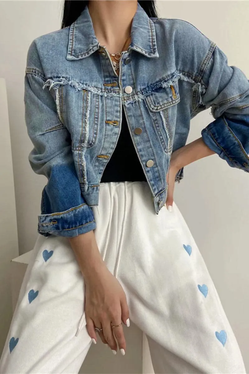CA652 Retro Raw Stitching Denim Crop Jacket