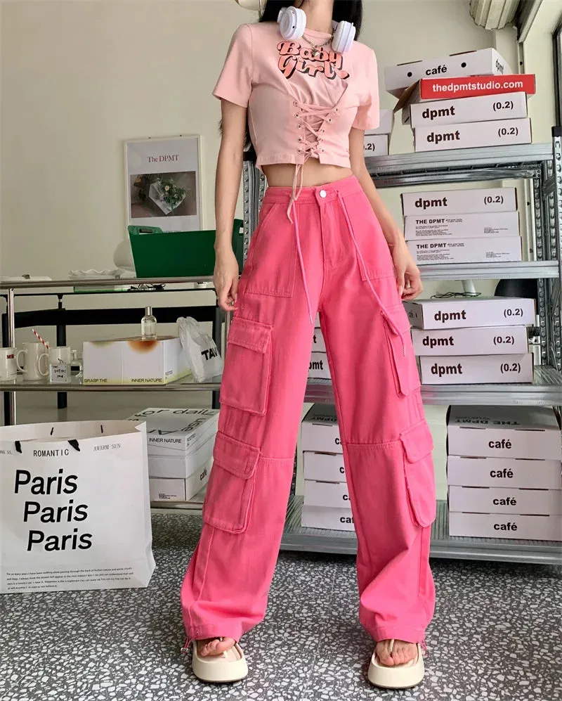 Cargo-Jeans im Retro-Stil mit Weitem Bein und Schnürung