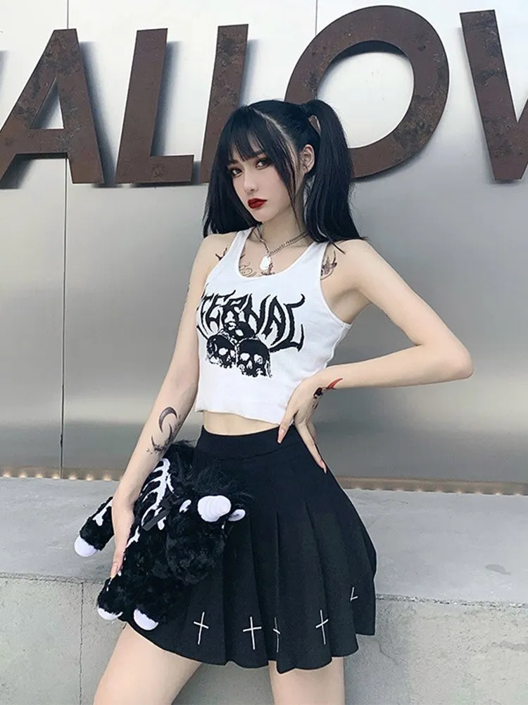 Crop Top Grunge weiß bedruckt Totenkopf schwarz