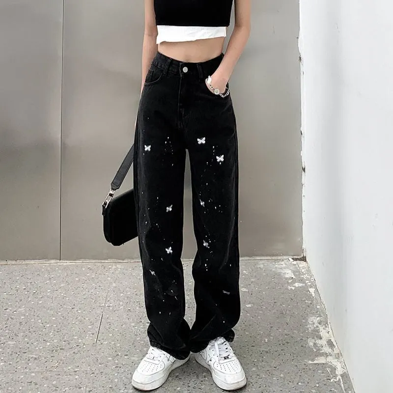 Embroidery Butterfly Denim Pants