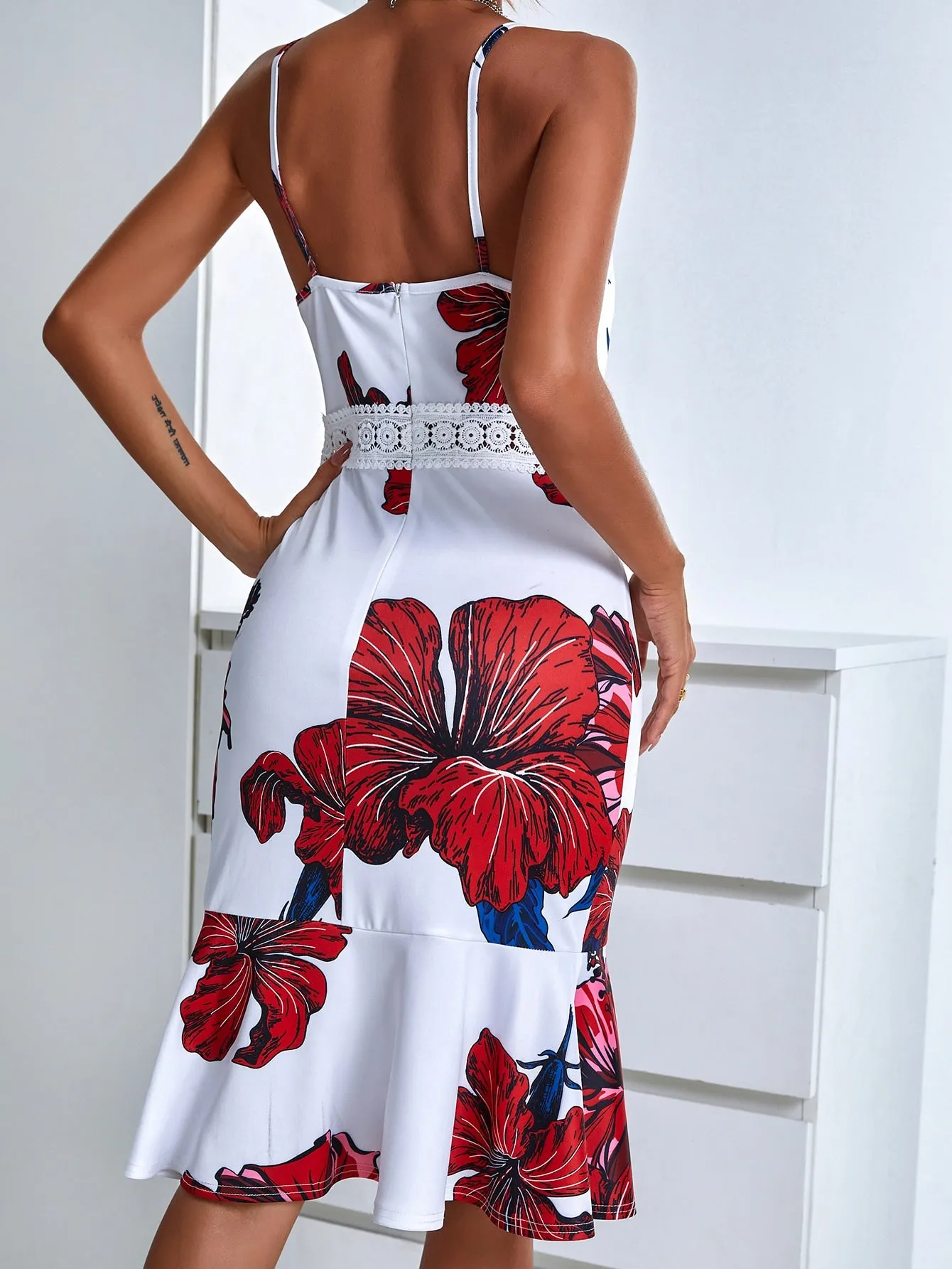 Floral Asymmetrical Sleeveless Spaghetti Strap Asymmetrical High Waist Midi Dress