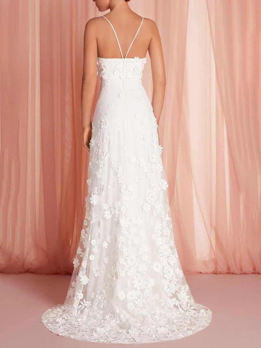 Flower Embroidered Wedding Dress V-Neck A-Line Applique