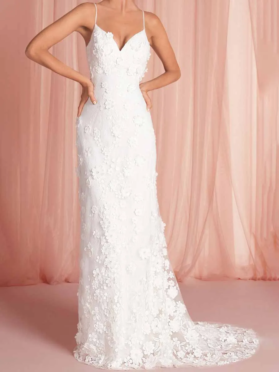 Flower Embroidered Wedding Dress V-Neck A-Line Applique