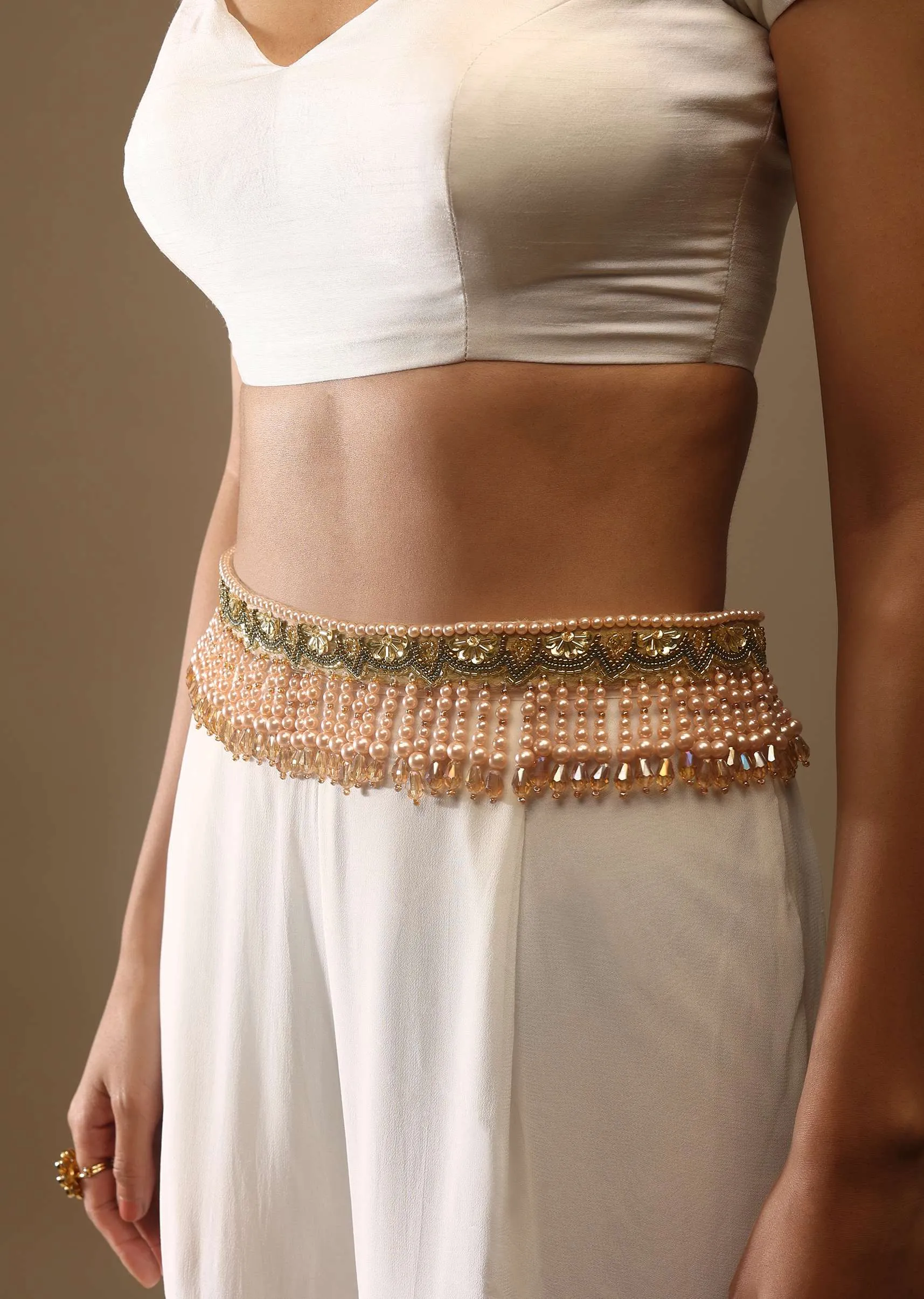 Frosted Almond Velvet Belt With Moti Fringes