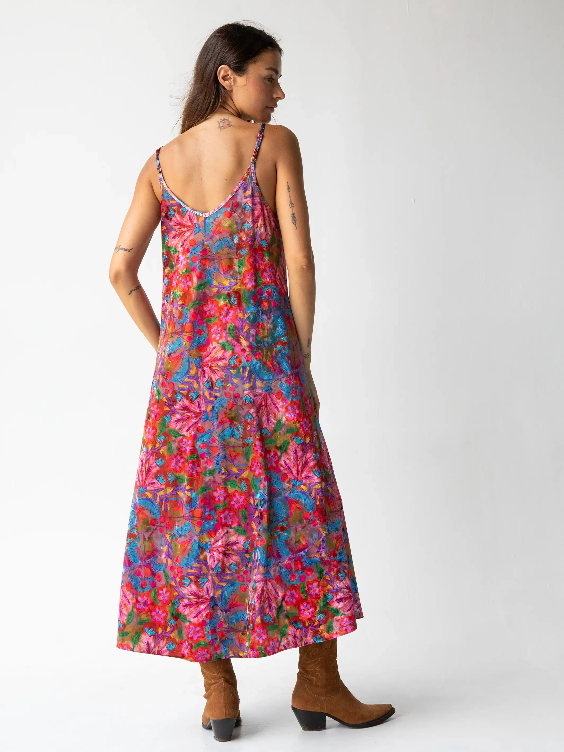 Gracie Velvet Slip Maxi Dress - Pink Red Folk Floral