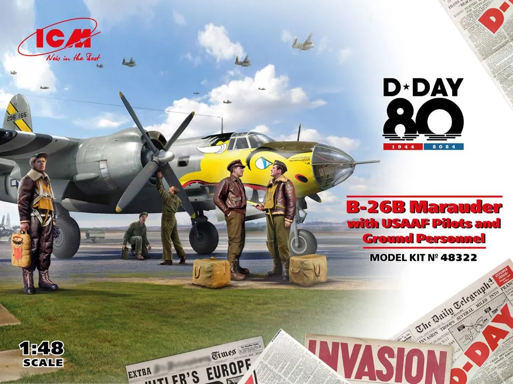 ICM Aircraft 1/48 WWII US B26B Marauder Bomber w/USAAF Pilots & Ground Personnel (D-Day Edition) Kit