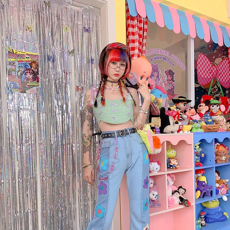 Kawaii Colorful Daisy Denim Pants
