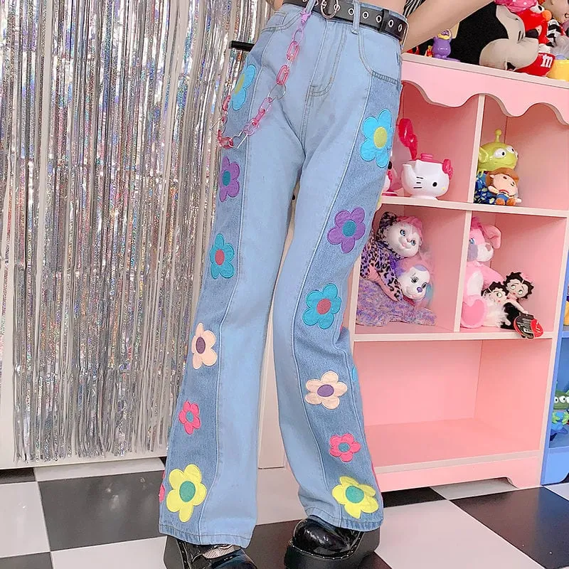 Kawaii Colorful Daisy Denim Pants
