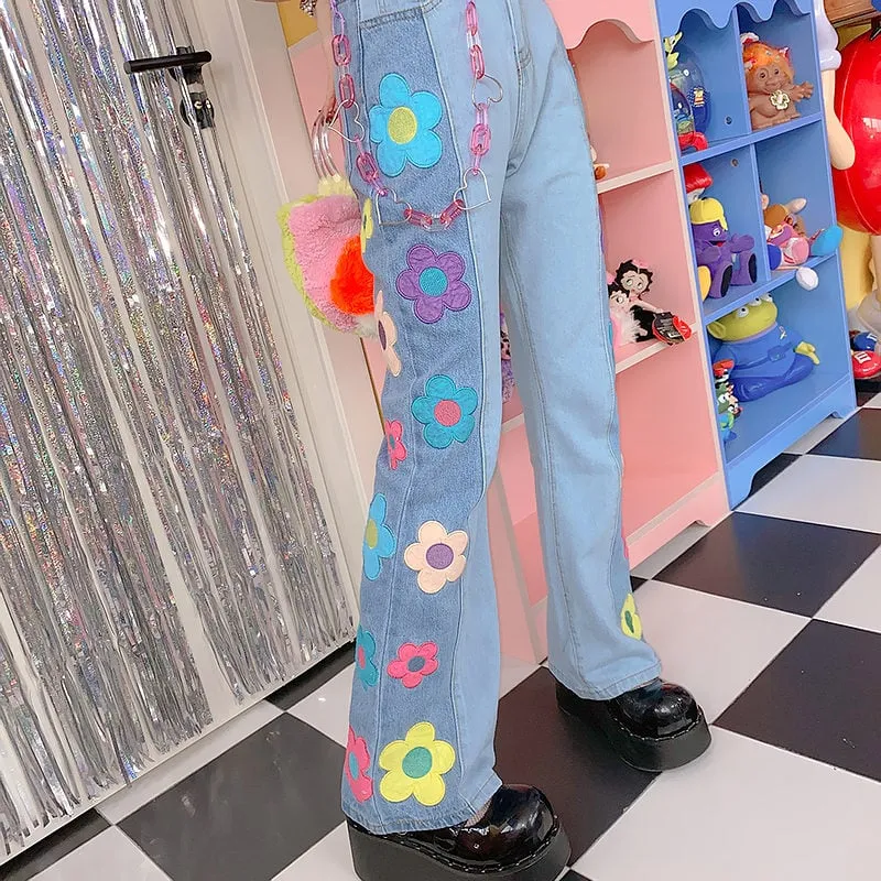Kawaii Colorful Daisy Denim Pants