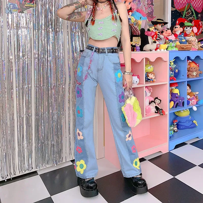 Kawaii Colorful Daisy Denim Pants