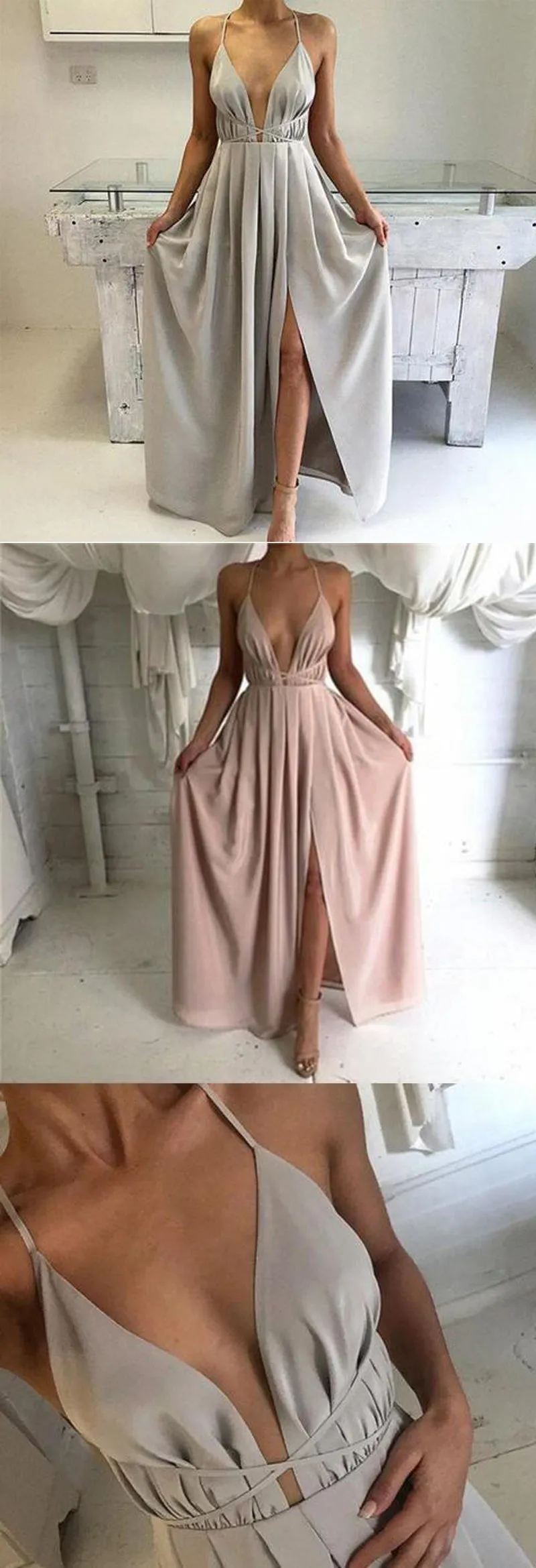 Long Spaghetti Strap Deep V-neck High Split Side Backless Sleeveless Popular Tie Prom Dress,PD0024