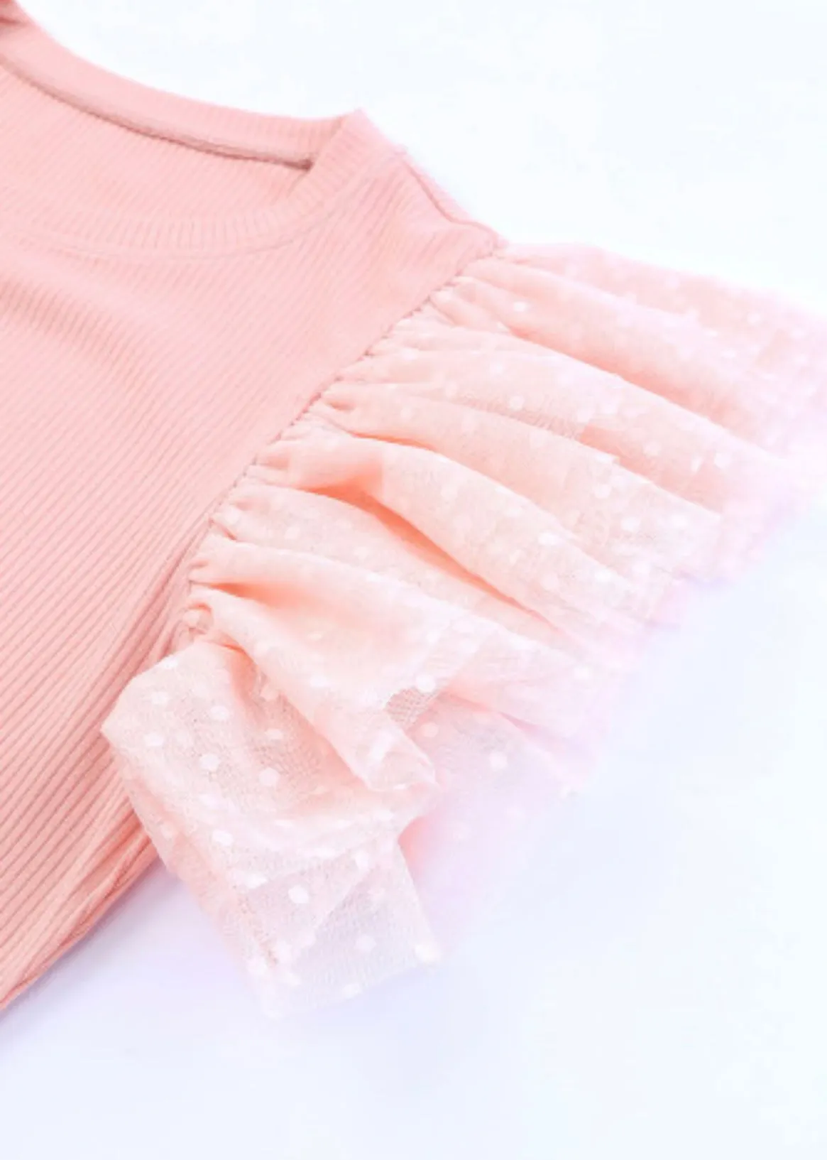 Mesh Ruffle Sleeve Ribbed Knit Too