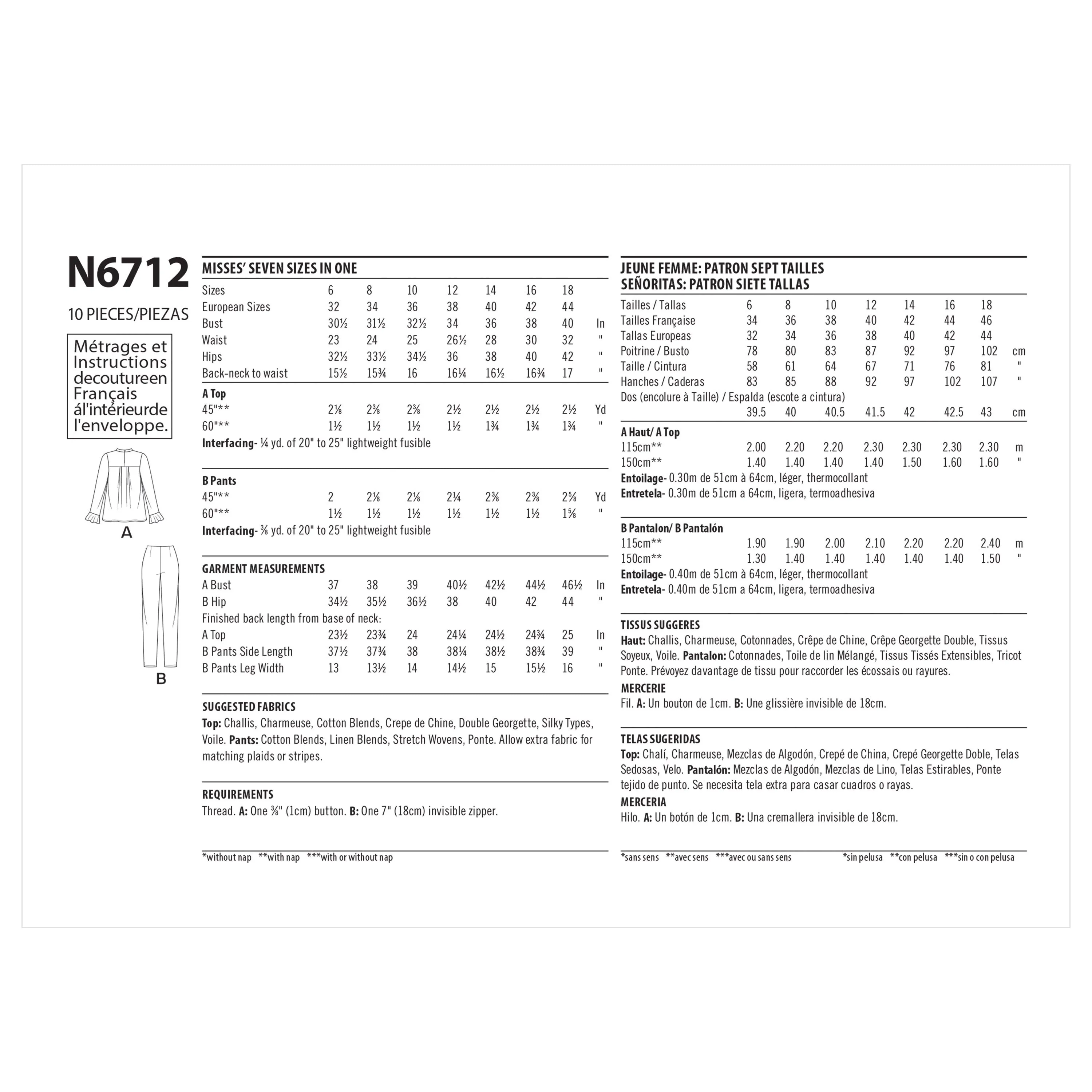 New Look Sewing Pattern N6712 - Misses' Top and Pants