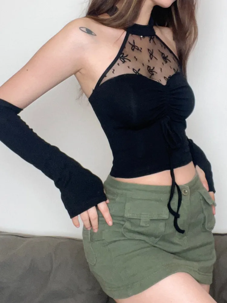Pieced Mesh Sleeve Covers Backless Tops