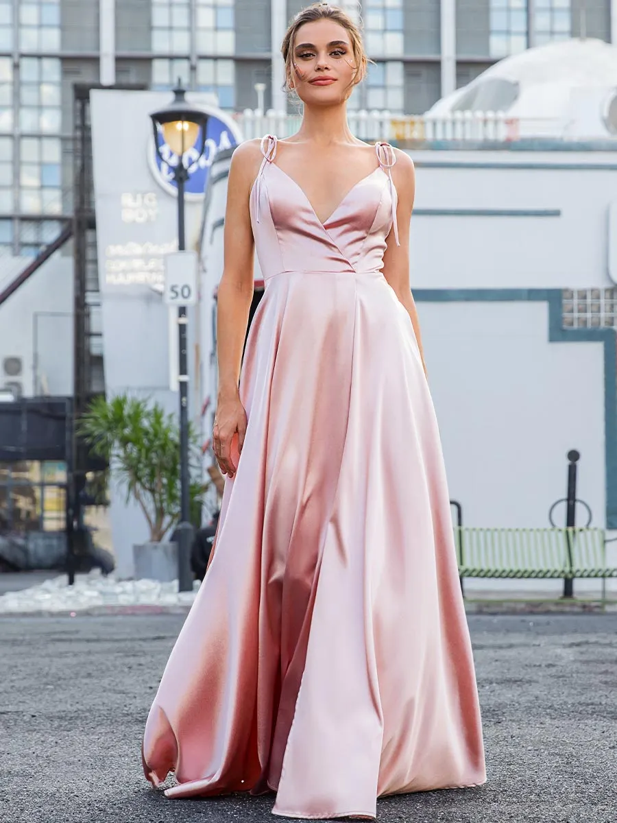 Pink Satin Bridesmaid Dresses V Neck Slip Sleeveless