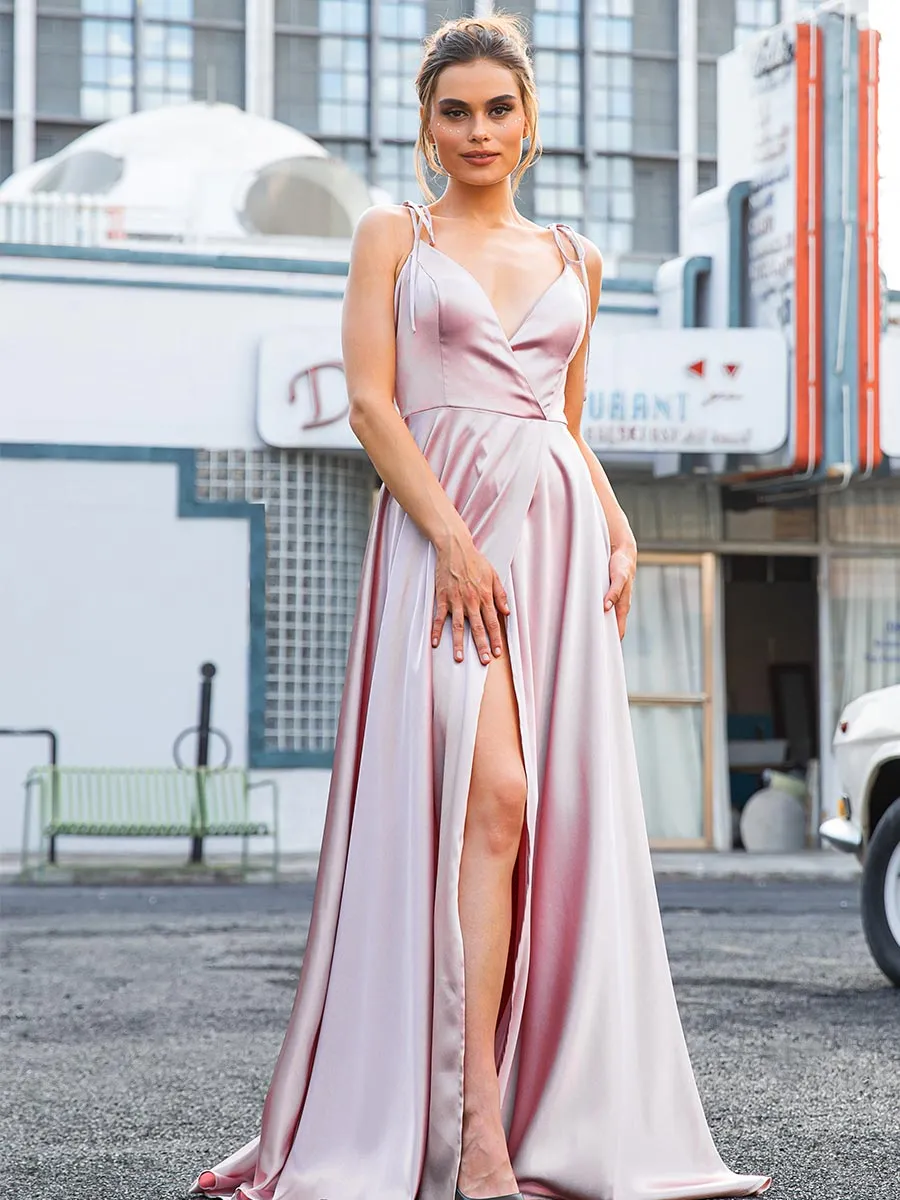 Pink Satin Bridesmaid Dresses V Neck Slip Sleeveless