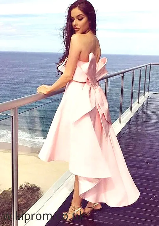 Sleeveless Strapless Asymmetrical A-line/Princess Satin Bridesmaid Dresseses With Bowknot Ruffles Arely SWKP0025539