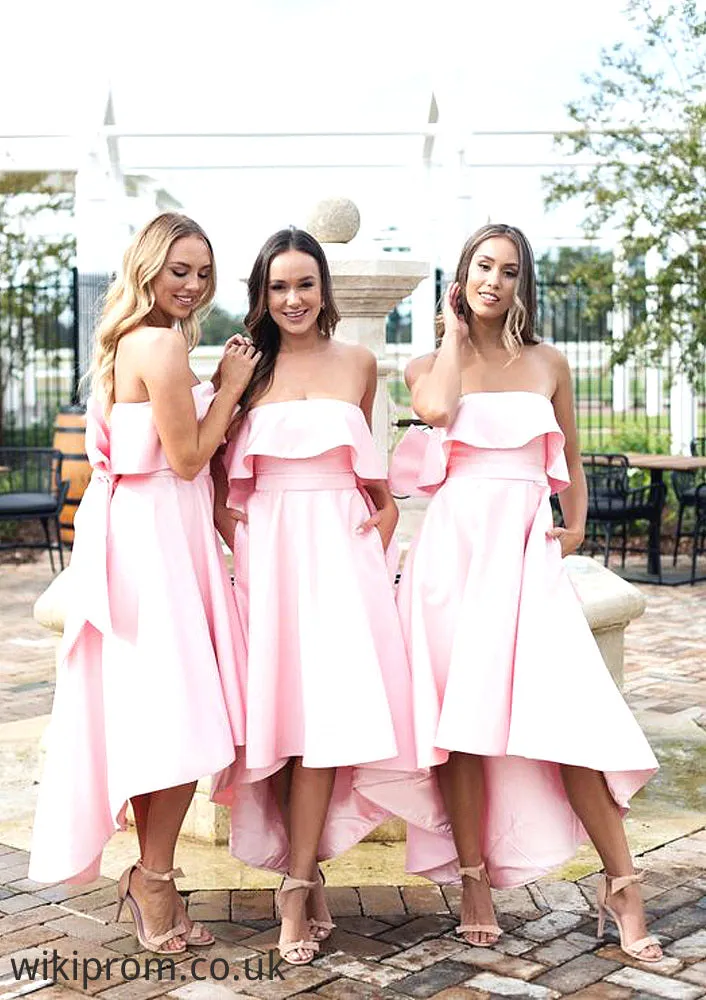 Sleeveless Strapless Asymmetrical A-line/Princess Satin Bridesmaid Dresseses With Bowknot Ruffles Arely SWKP0025539