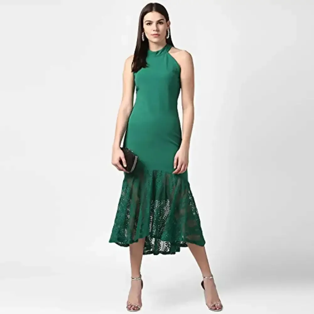 StyleStone Women's Green Asymmetrical Lace Dress