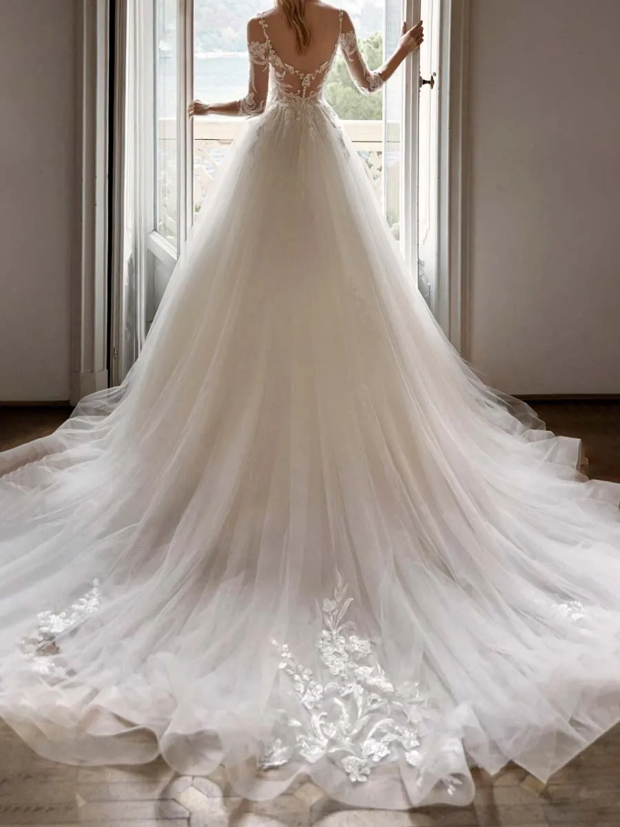 Vintage A Line Wedding Dresses Princess Tulle V-Neck