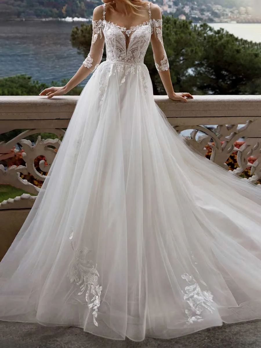 Vintage A Line Wedding Dresses Princess Tulle V-Neck