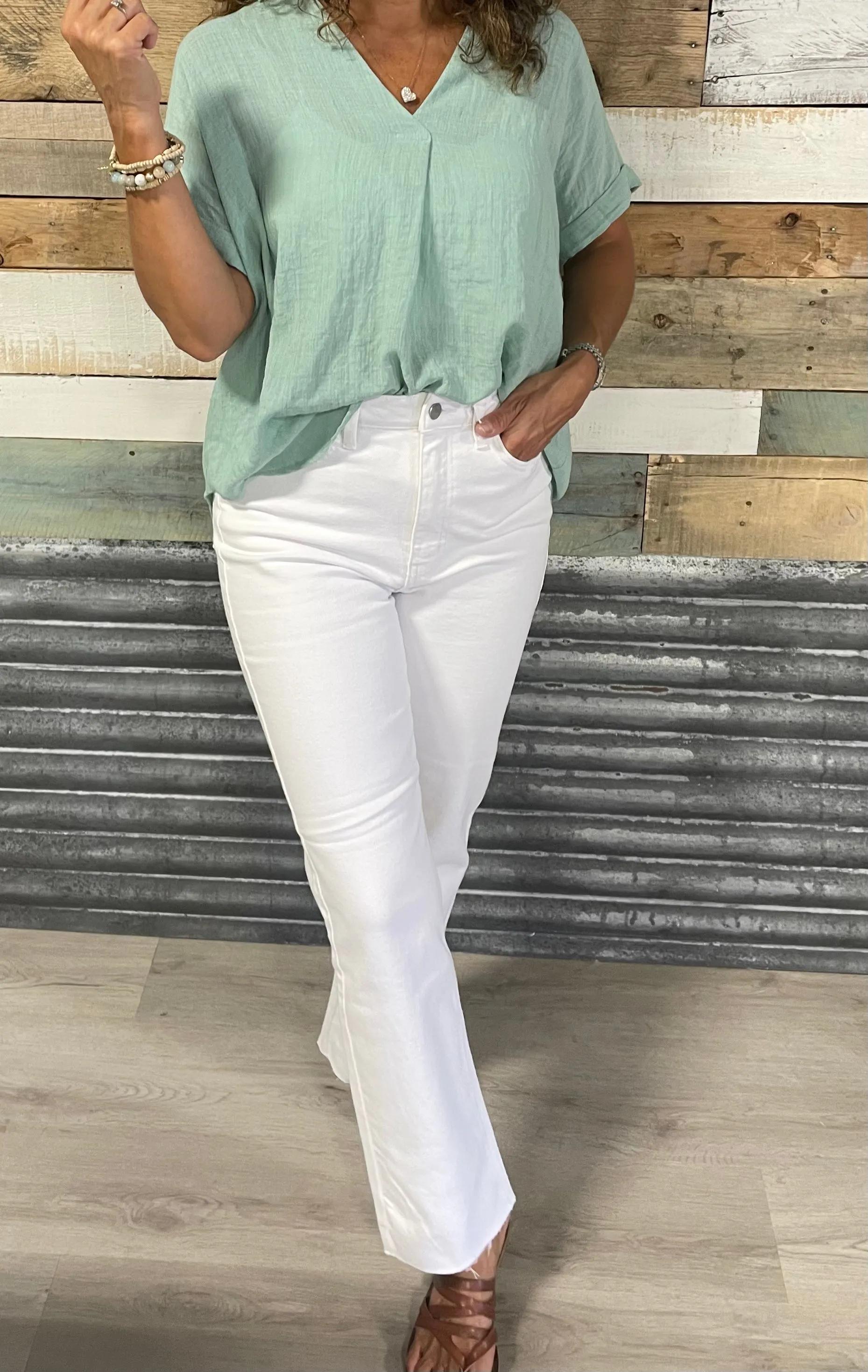 White Crop Cut Off Straight Leg High Rise Jeans by Just USA