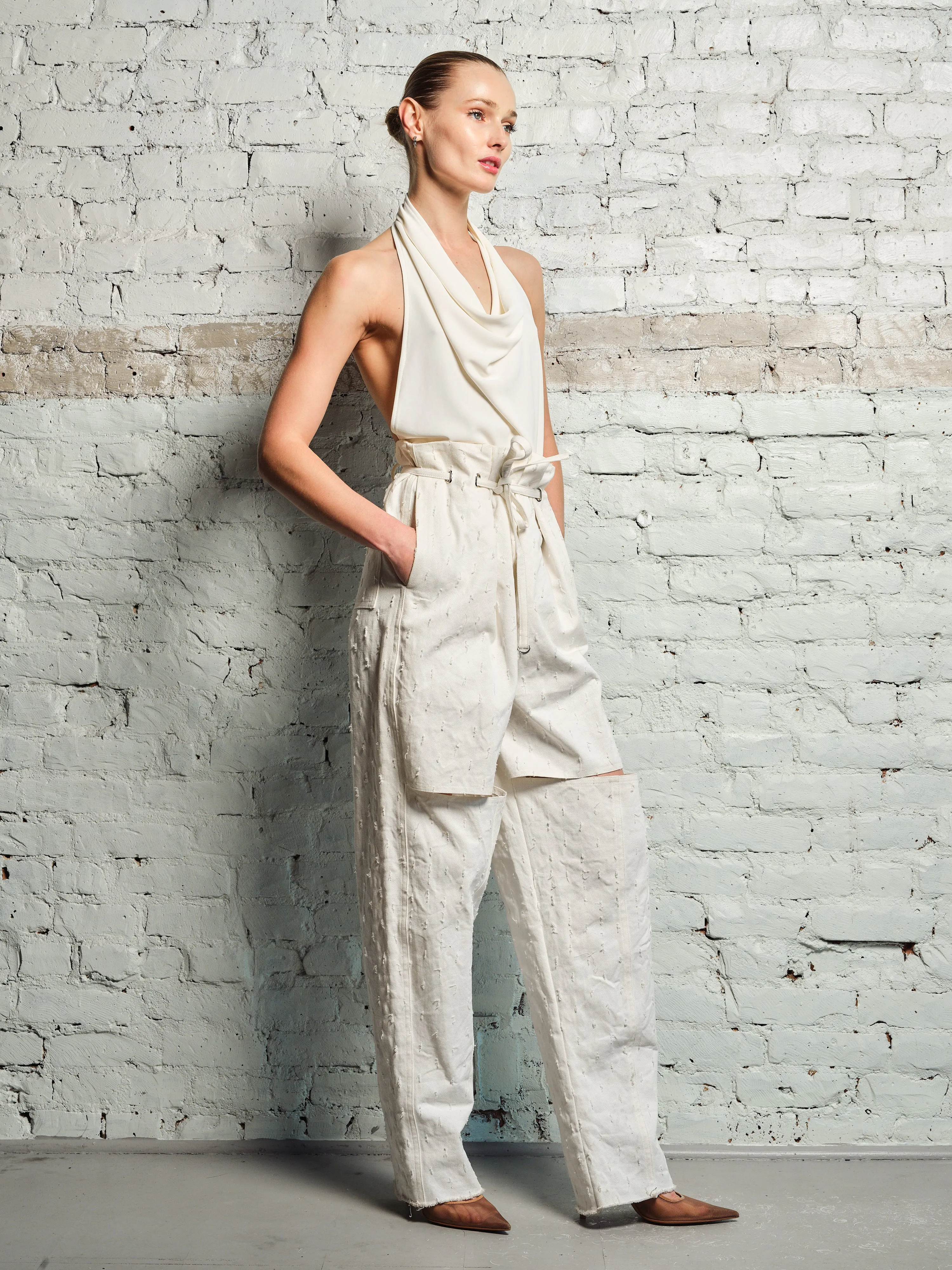 WHITE DENIM PANTS WITH CUT OUT DETAIL