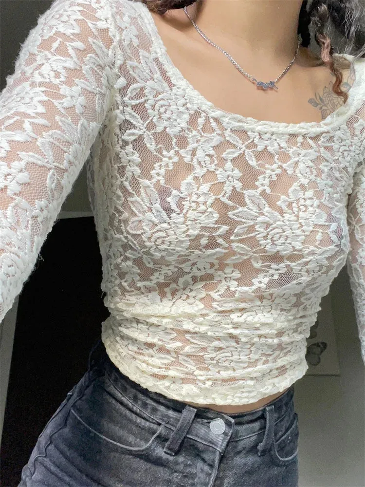 Women Lace Mesh See Through Crop Tops