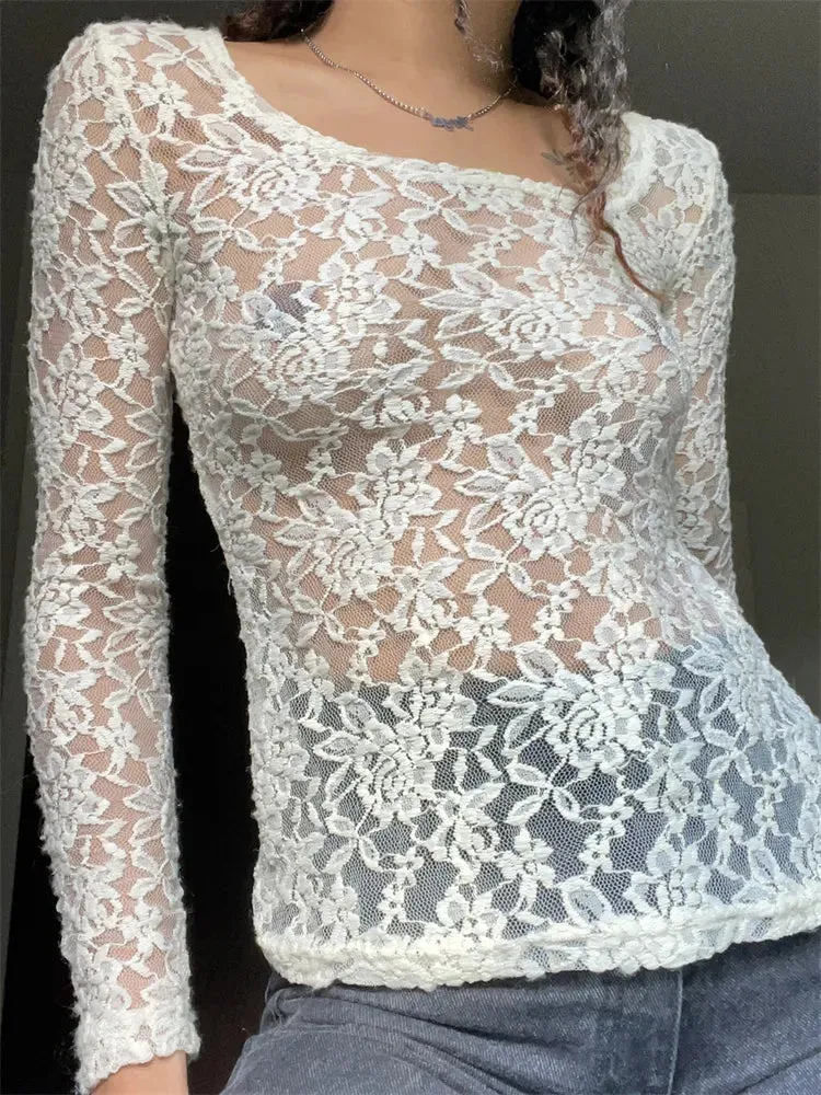Women Lace Mesh See Through Crop Tops