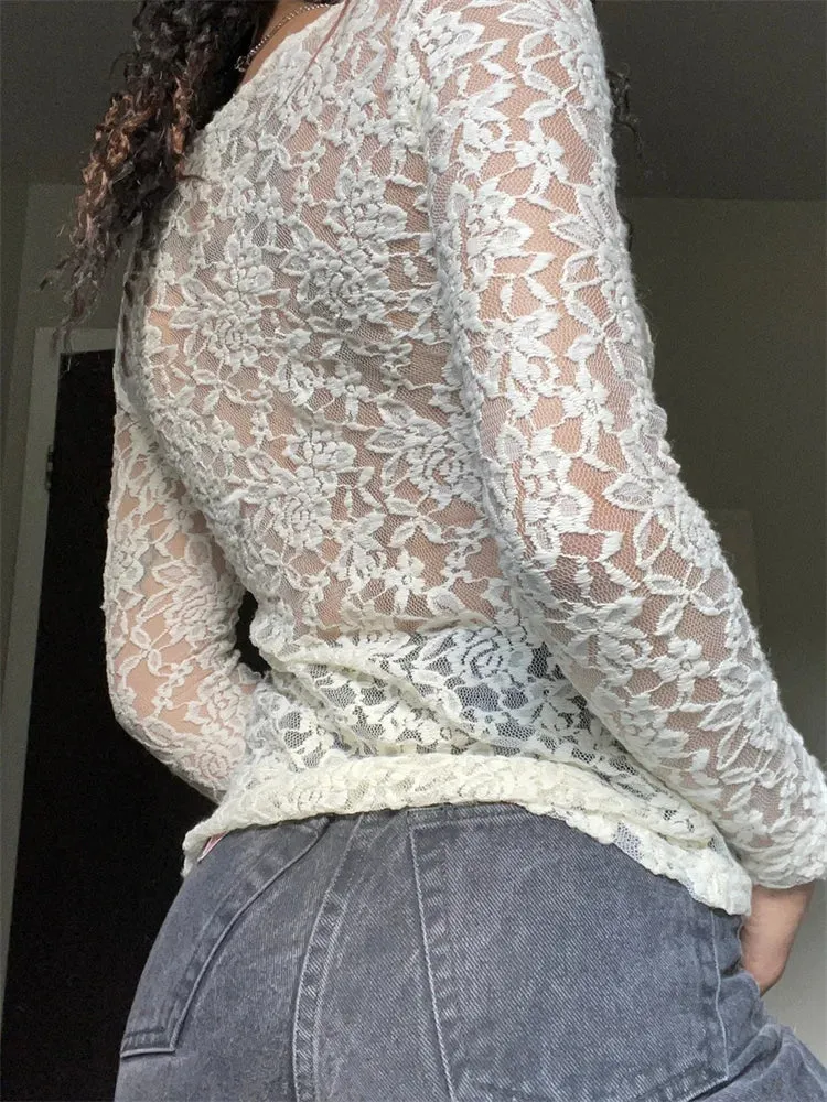 Women Lace Mesh See Through Crop Tops