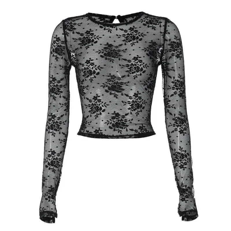 Women See Through Lace Long Sleeve Shirt