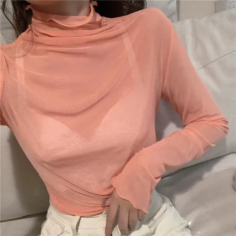 Women Vintage Mesh See-Through Long Sleeve Tops