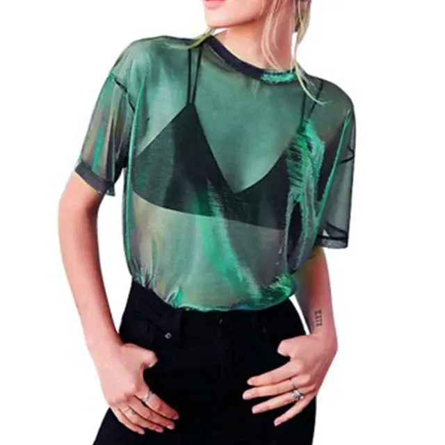 Women's See Through Mesh Blouse Short Sleeve Tops